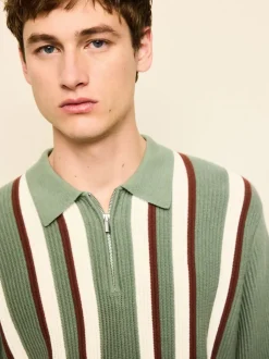 vert - Polos en maille à col zippé à manches longues coupe classique rayée