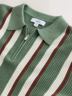 vert - Polos en maille à col zippé à manches longues coupe classique rayée