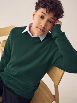Vert - Pull scolaire tricoté à col en V (3-16ans)
