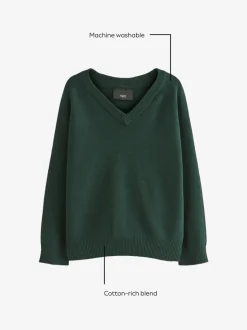 Vert - Pull scolaire tricoté à col en V (3-16ans)