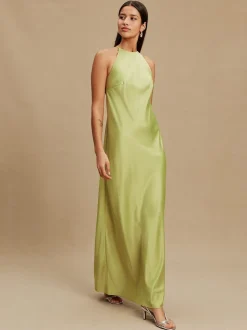 Vert - Robe longue de demoiselle d'honneur en satin à dos nu