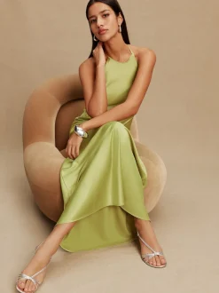 Vert - Robe longue de demoiselle d'honneur en satin à dos nu