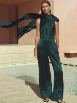 Vert bleu sarcelle - Combinaison Cape Reiss Farah en satin à ceinture