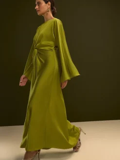Vert citron - Robe longue en satin à manches longues torsadée sur le devant