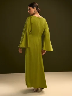 Vert citron - Robe longue en satin à manches longues torsadée sur le devant