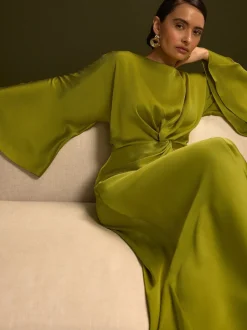 Vert citron - Robe longue en satin à manches longues torsadée sur le devant