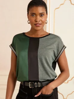 Vert et Noir Avec ornements de poignets en Satin sur le devant - Haut Love & Roses en satin à manches courtes et col en V