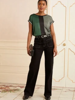 Vert et Noir Avec ornements de poignets en Satin sur le devant - Haut Love & Roses en satin à manches courtes et col en V