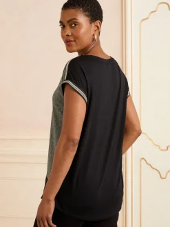 Vert et Noir Avec ornements de poignets en Satin sur le devant - Haut Love & Roses en satin à manches courtes et col en V