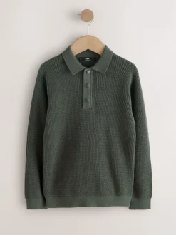 vert foncé - Polo texturé à manches longues (3-16ans)