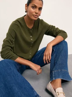 Vert kaki - Cardigan ajusté ultra-doux à col rond en laine