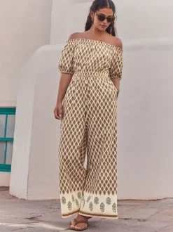 Vert kaki - Combinaison ample 100% coton à épaules dénudées