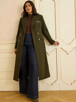 Vert kaki - Love & Roses Manteau long à double boutonnage avec col en similicuir en PU