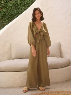 Vert kaki - 100{Pantalon à jambes larges Lin Premium