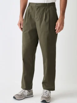 Vert kaki - Pantalons chinos extensibles à double pli