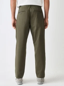 Vert kaki - Pantalons chinos extensibles à double pli