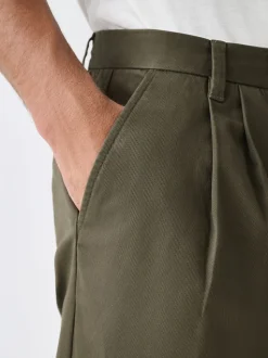Vert kaki - Pantalons chinos extensibles à double pli