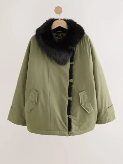 Vert kaki - Parka avec bordure contrastée en fausse fourrure