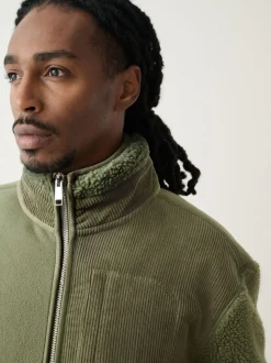 Vert kaki - Polaire à col zippé en velours côtelé