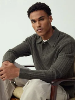 Vert kaki - Polo à manches longues en maille côtelée confortable avec laine