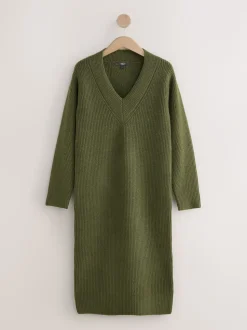 Vert kaki - Robe mi-longue très douce à col en V en laine