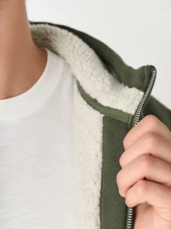 Vert kaki - Sweat à capuche zippé doublé en polaire en peau de mouton