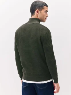 Vert kaki - Uni - Pull N.Premium Coupe classique en Coton riche à Texture haut de gamme à col zippé