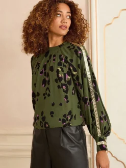 Vert kaki imprimé animal - Chemisier Love & Roses à Manches longues et Sequin à Col rond