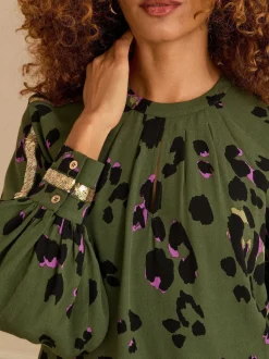 Vert kaki imprimé animal - Chemisier Love & Roses à Manches longues et Sequin à Col rond