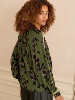 Vert kaki imprimé animal - Chemisier Love & Roses à Manches longues et Sequin à Col rond