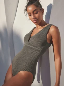 Vert kaki pailleté - Maillot de bain plongeant et galbant avec contrôle du ventre