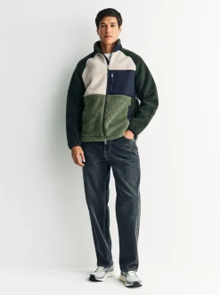 Vert kaki/écru neutre - Polaire color block à entonnoir zippée