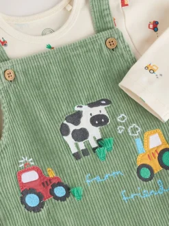 Vert motif ferme - Ensemble salopette et body en velours côtelé (0mois-2ans)