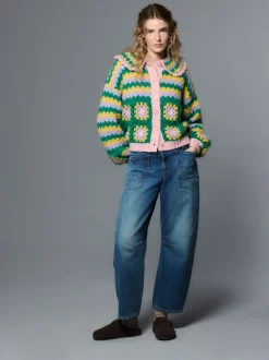 Vert Multicolore Patch - Cardigan à col crocheté à la main