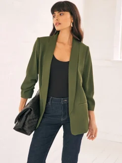 Vert olive - Blazer décontracté à manches froncées