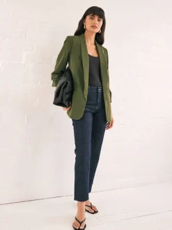 Vert olive - Blazer décontracté à manches froncées