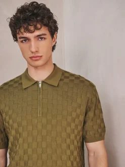 Vert olive - Polo N. Premium Coupe classique en maille à manches courtes et col zippé à damiers