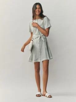 Vert sauge à pois - Robe mini-robe à taille nouée
