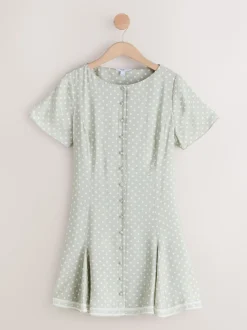 Vert sauge à pois - Robe mini-robe à taille nouée