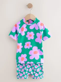 Vert Stampy Floral - Ensemble de bain Sunsafe à manches courtes (3mois à10ans)