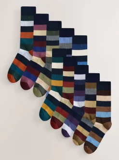 Vert/bleu/gris - Lot de 10 paires de chaussettes confortables rayées à semelle rembourrée