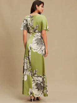 Vert/Ecru - Robe mi-longue texturée en Satin à Manches courtes torsadée sur le devant