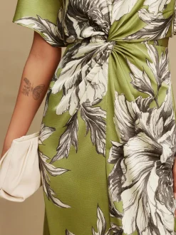 Vert/Ecru - Robe mi-longue texturée en Satin à Manches courtes torsadée sur le devant