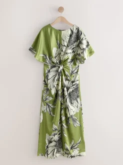 Vert/Ecru - Robe mi-longue texturée en Satin à Manches courtes torsadée sur le devant