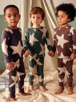 Vert/Ecru/Marron Étoiles - Lot de 3 pyjamas Snuggle (9mois-10ans)