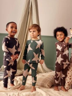Vert/Ecru/Marron Étoiles - Lot de 3 pyjamas Snuggle (9mois-10ans)