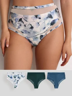 Vert/marine/bleu marine imprimé - Mesh Trim Taille haute High Leg Knickers 3 Lot