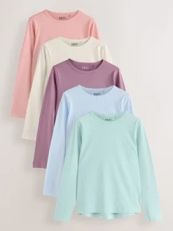 Vert/violet/bleu/écru/rose - T-shirt à manches longues en coton 100% 5 Pack