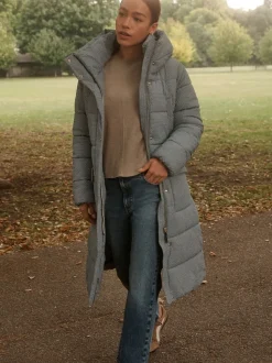 Vichy bleu - Manteau long matelassé à capuche résistant à la douche