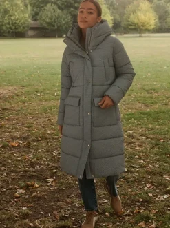 Vichy bleu - Manteau long matelassé à capuche résistant à la douche